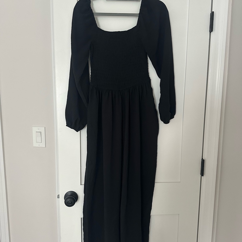 Black Smocked long sleeve jumpsuit